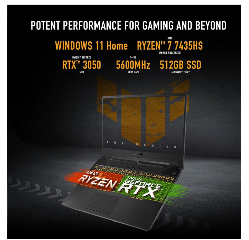 Asus TUF Gaming A15 (2024) Laptop – AMD Ryzen 7-7435HS / 15.6inch FHD / 512GB SSD / 16GB RAM / 4GB NVIDIA GeForce RTX 3050 Graphics / Windows 11 Home / English & Arabic Keyboard / Graphite Black / Middle East Version – [FA506NCR-HN044W]