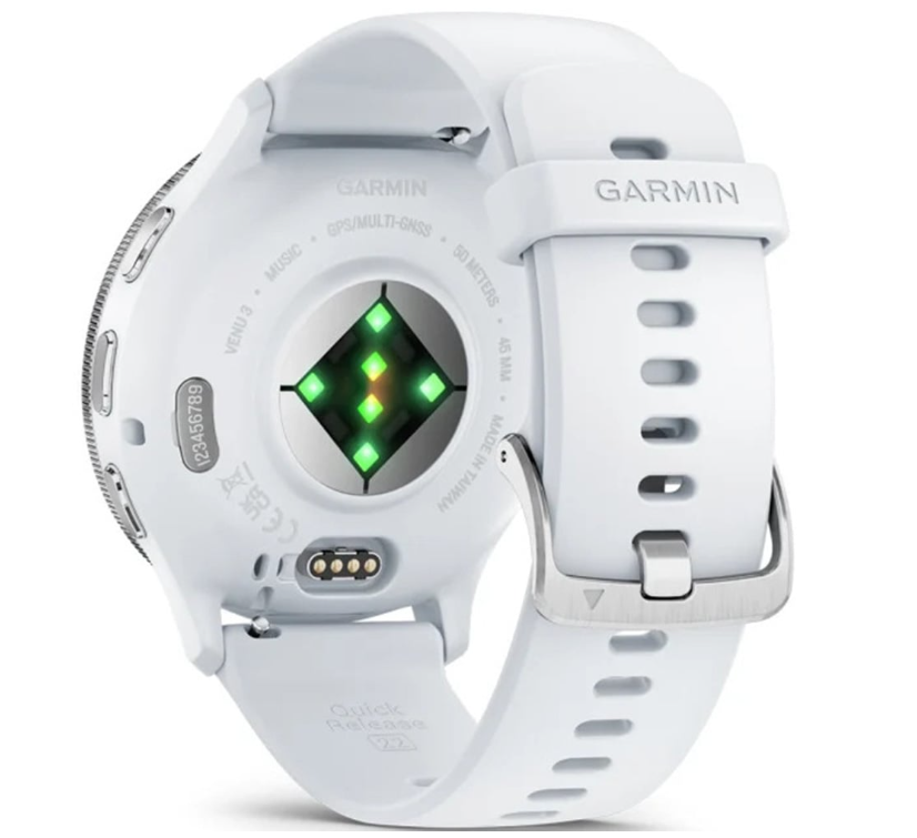 Garmin 010-02784-00 Venu 3 Smartwatch Silver Stainless Steel Bezel With Whitestone Case and Silicone Band
